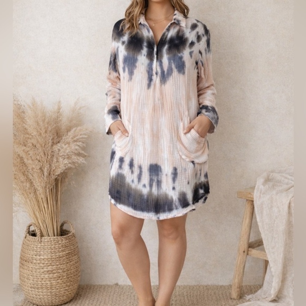 Young Fabulous & Broke Sammy Gauzy Tie-Dye Shirt Dress in Midnight Market Wash